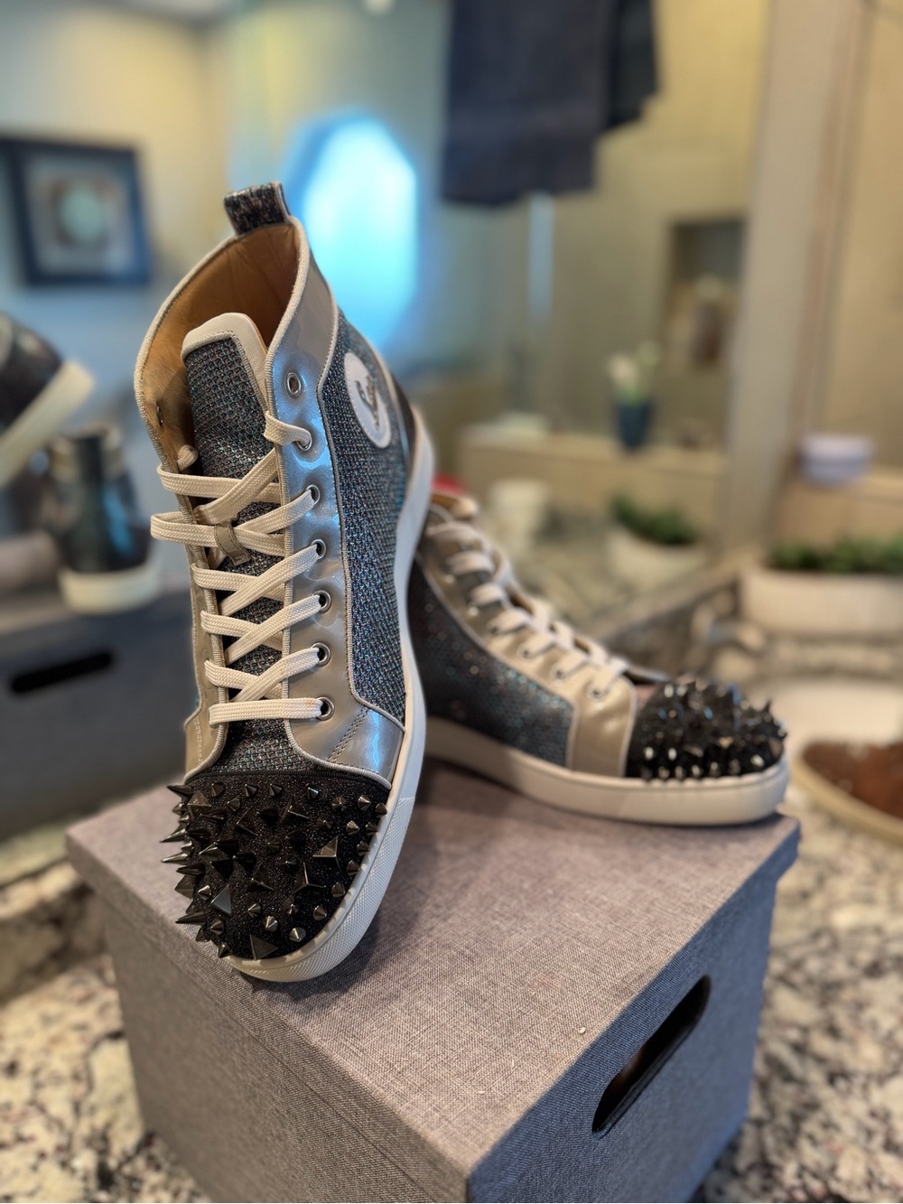 Christian Louboutin Men's Metallic Gray Studded High-Top Sneakers
